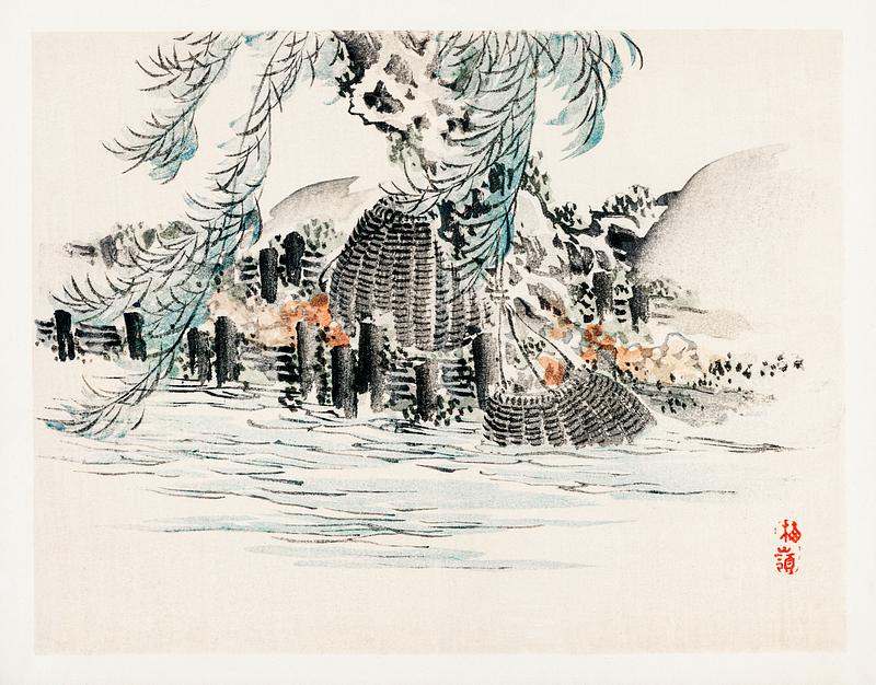 Fishing baskets by Kōno Bairei (1844-1895). Digitally enhanced from our own original 1913 edition of Barei Gakan. Fishing baskets by Kōno Bairei (1844-1895). Digitally enhanced from our own original 1913 edition of Barei Gakan.