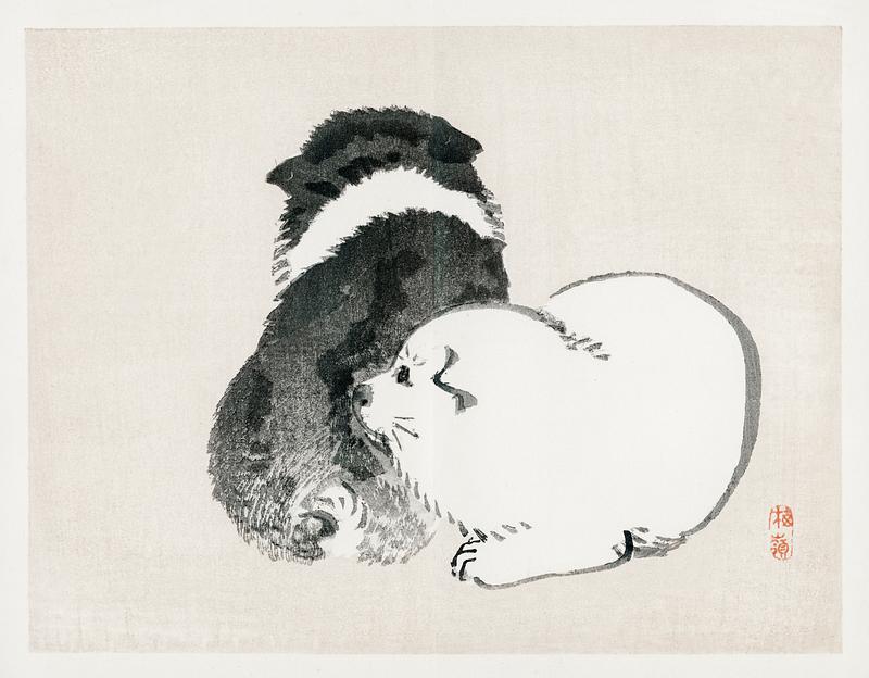 Black and white puppies by Kōno Bairei (1844-1895). Digitally enhanced from our own original 1913 edition of Barei Gakan. Black and white puppies by Kōno Bairei (1844-1895). Digitally enhanced from our own original 1913 edition of Barei Gakan.