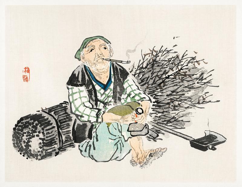 Smoking farmer with branches by Kōno Bairei (1844-1895). Digitally enhanced from our own original 1913 edition of Barei Gakan. Smoking farmer with branches by Kōno Bairei (1844-1895). Digitally enhanced from our own original 1913 edition of Barei…