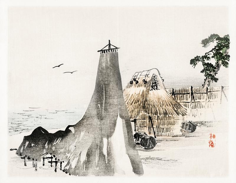 Cottage by Kōno Bairei (1844-1895). Digitally enhanced from our own original 1913 edition of Barei Gakan. Cottage by Kōno Bairei (1844-1895). Digitally enhanced from our own original 1913 edition of Barei Gakan.
