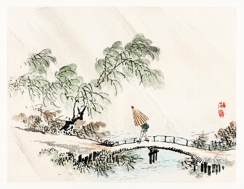 A man crossing the bridge by Kōno Bairei (1844-1895). Digitally enhanced from our own original 1913 edition of Barei Gakan. A man crossing the bridge by Kōno Bairei (1844-1895). Digitally enhanced from our own original 1913 edition of Barei Gakan.