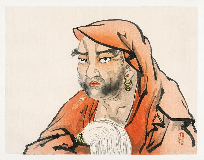 Daruma (Bodhidharma) with a horsetail whisk by Kōno Bairei (1844-1895). Digitally enhanced from our own original 1913 edition of Barei Gakan. Daruma (Bodhidharma) with a horsetail whisk by Kōno Bairei (1844-1895). Digitally enhanced from our own original 1913 edition…