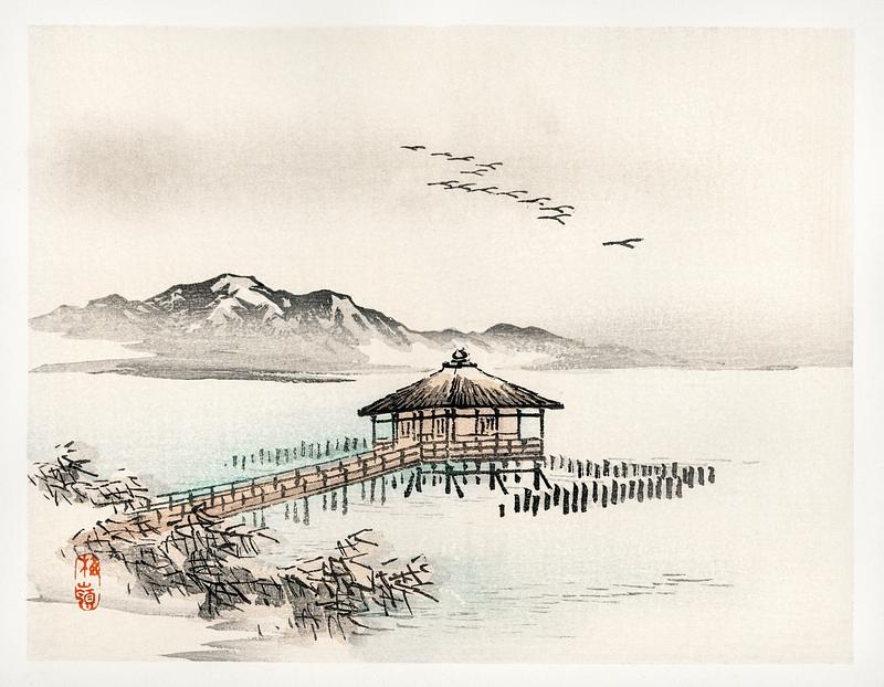 Cottage by the sea by Kōno Bairei (1844-1895). Digitally enhanced from our own original 1913 edition of Barei Gakan. Cottage by the sea by Kōno Bairei (1844-1895). Digitally enhanced from our own original 1913 edition of Barei Gakan.