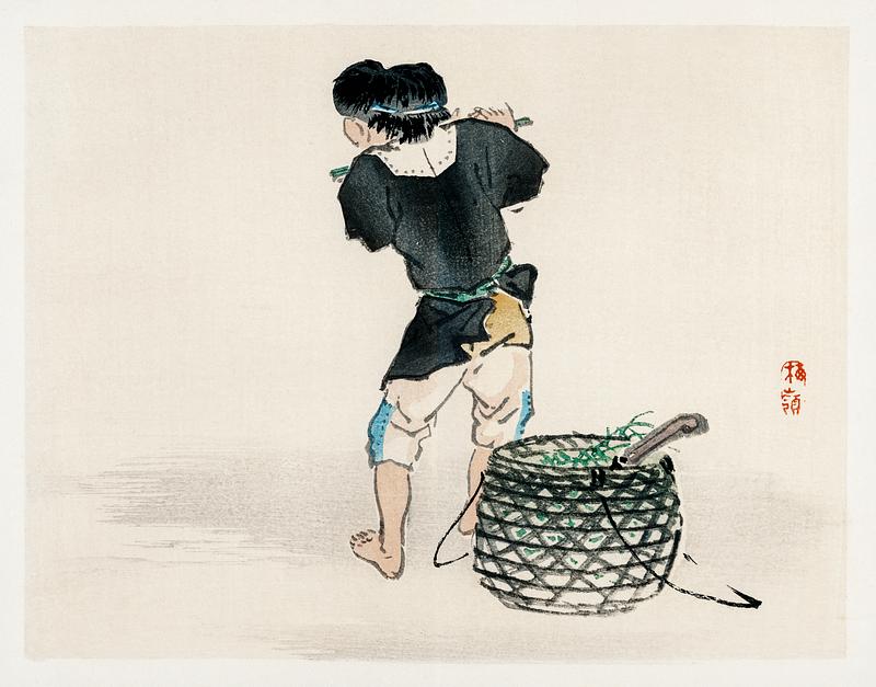 Man with basket by Kōno Bairei (1844-1895). Digitally enhanced from our own original 1913 edition of Barei Gakan. Man with basket by Kōno Bairei (1844-1895). Digitally enhanced from our own original 1913 edition of Barei Gakan.
