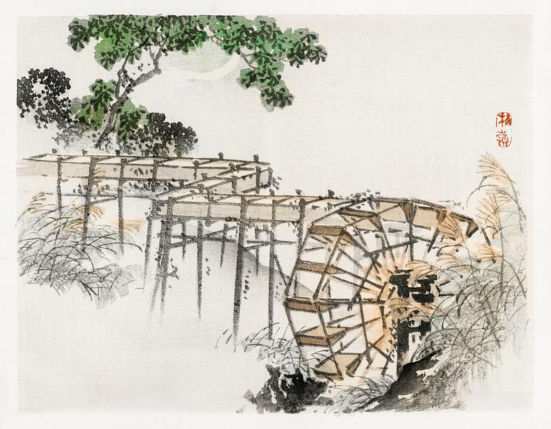 Water wheel by Kōno Bairei (1844-1895). Digitally enhanced from our own original 1913 edition of Barei Gakan. Water wheel by Kōno Bairei (1844-1895). Digitally enhanced from our own original 1913 edition of Barei Gakan.