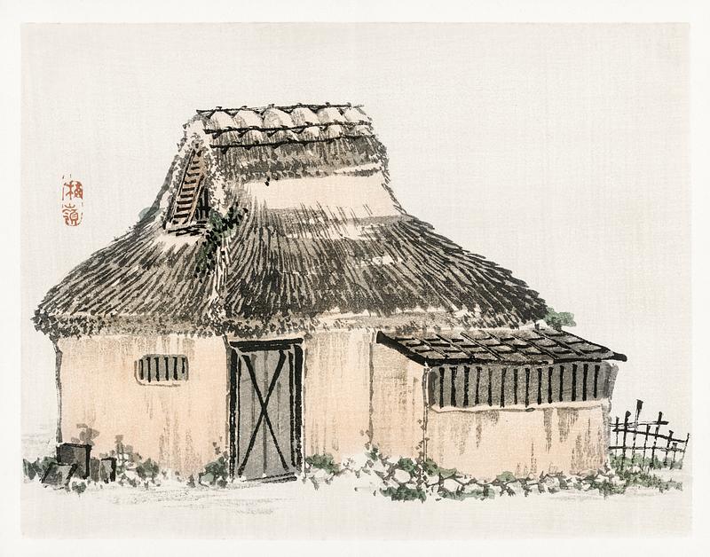 Japanese cottage by Kōno Bairei (1844-1895). Digitally enhanced from our own original 1913 edition of Barei Gakan. Japanese cottage by Kōno Bairei (1844-1895). Digitally enhanced from our own original 1913 edition of Barei Gakan.