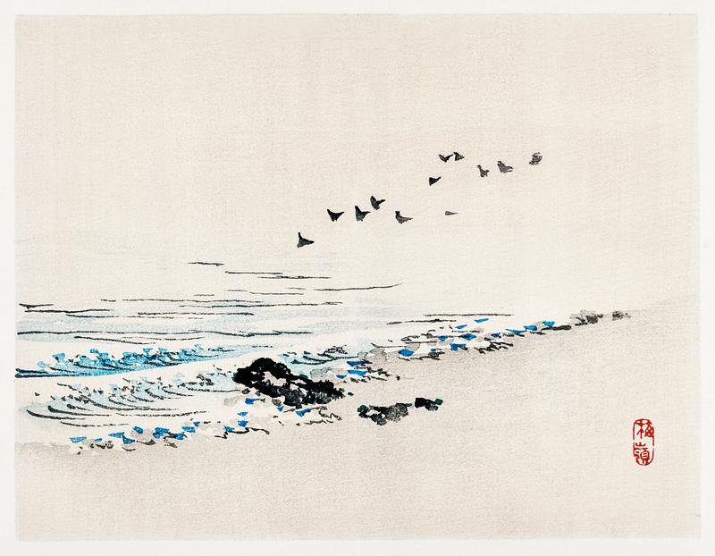 Beach scenery by Kōno Bairei (1844-1895). Digitally enhanced from our own original 1913 edition of Barei Gakan. Beach scenery by Kōno Bairei (1844-1895). Digitally enhanced from our own original 1913 edition of Barei Gakan.