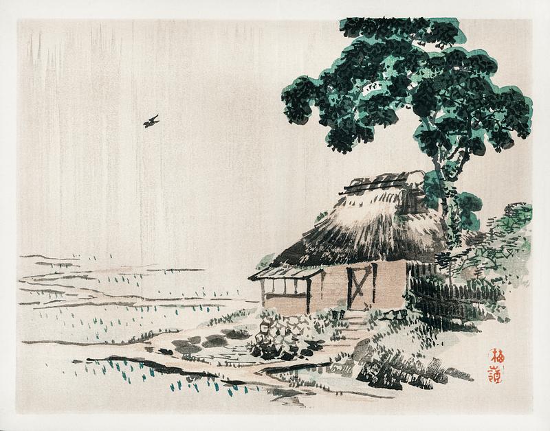 Cottage by Kōno Bairei (1844-1895). Digitally enhanced from our own original 1913 edition of Barei Gakan. Cottage by Kōno Bairei (1844-1895). Digitally enhanced from our own original 1913 edition of Barei Gakan.
