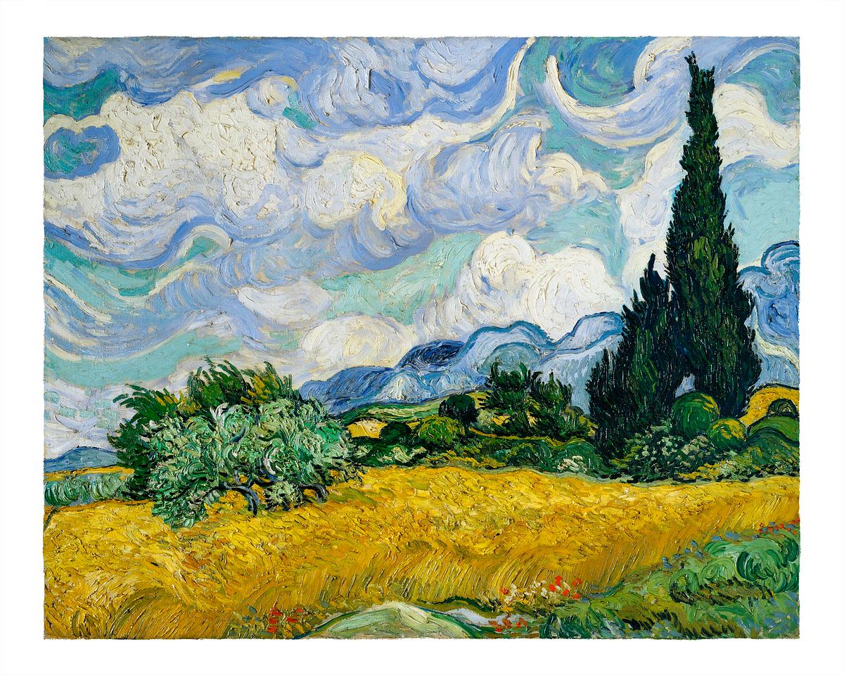 Wheat Field with Cypresses illustration wall… | Royalty free stock Illustration | High Resolution graphic Wheat Field with Cypresses illustration wall art print and poster. Original by Vincent van Gogh, digitally enhanced by…