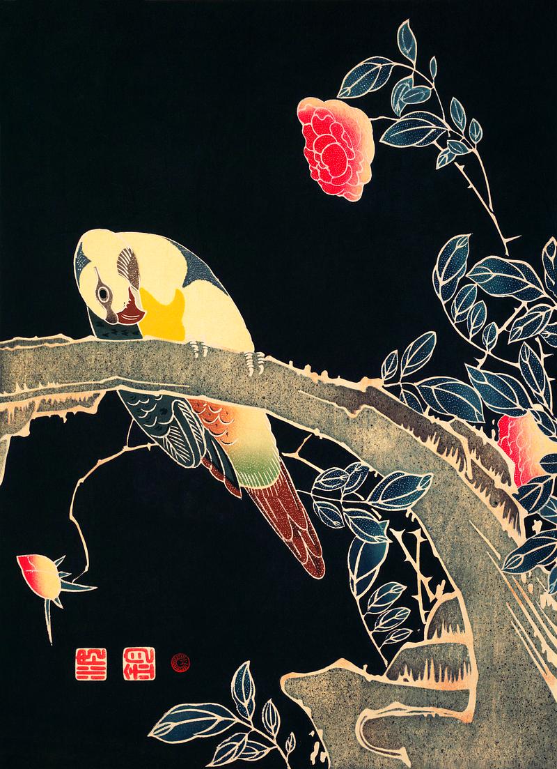 Parrot on the Branch of a Flowering Rose Bush (ca. 1900) illustration by Ito Jakuchu. Original from The MET Museum. Digitally enhanced by rawpixel. Parrot on the Branch of a Flowering Rose Bush (ca. 1900) illustration by Ito Jakuchu. Original from The MET Museum. Digitally…