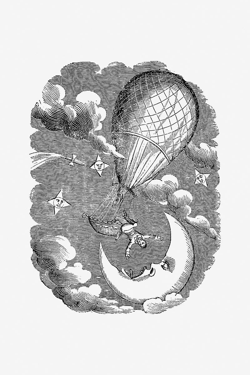 Hot air balloon and moon in vintage style | Free public domain illustration Dream from The Loyal Man in the Moon (1820) published by Hone William. Original from the British Library. Digitally enhanced…