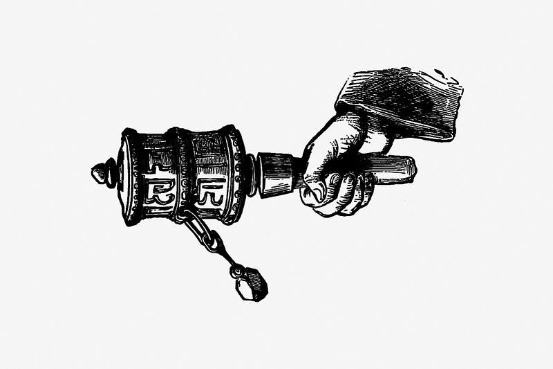 Prayer wheel vintage drawing | Free public domain illustration Prayer wheel from Our New Way round the World (1883) published by Charles Carleton Coffin. Original from the British Library.…
