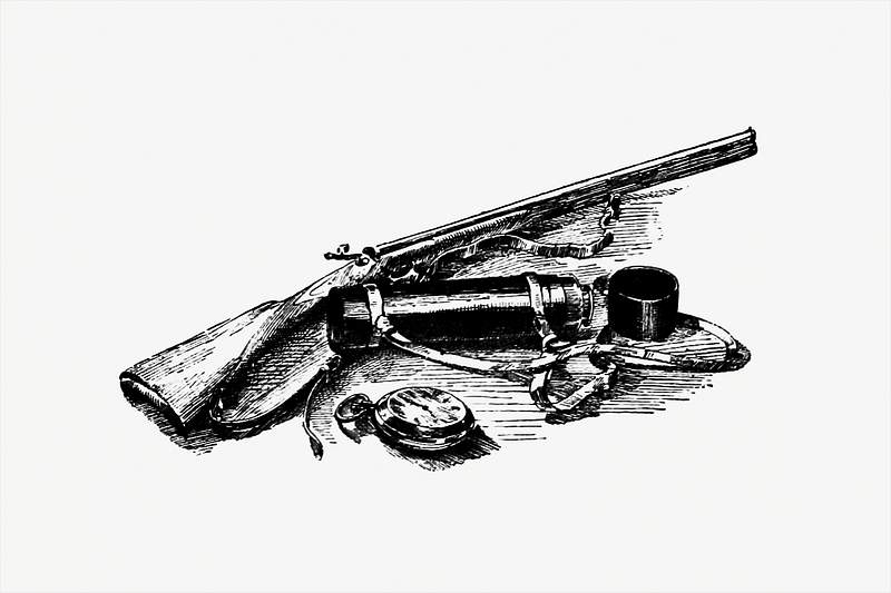Vintage gun and accessories | Free public domain illustration Gun from The Conquest of the Moon: a Story of the Bayouda (1889) published by Pseud André Laurie. Original from the British…