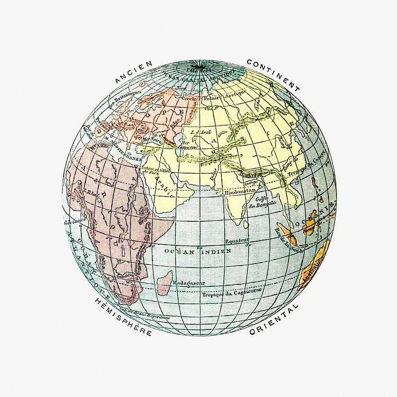 The globe vintage drawing World atlas from The Practical Teaching of Geography. Atlas, Maps, Texts and Questionnaires... Elementary Course (1878).…