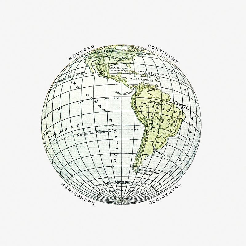 The globe vintage drawing World atlas from The Practical Teaching of Geography. Atlas, Maps, Texts and Questionnaires... Elementary Course (1878).…