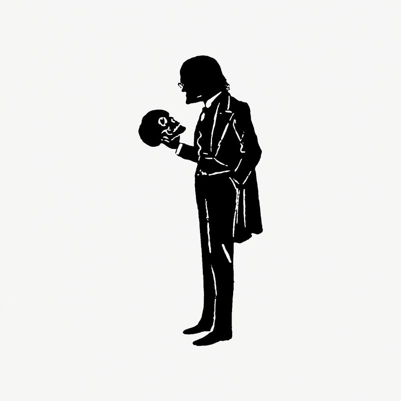 Man talking to a skull Male silhouette holding a skull from Mr.Grant Allen's New Story Michael's Crag With Marginal Illustrations in Silhouette, etc…