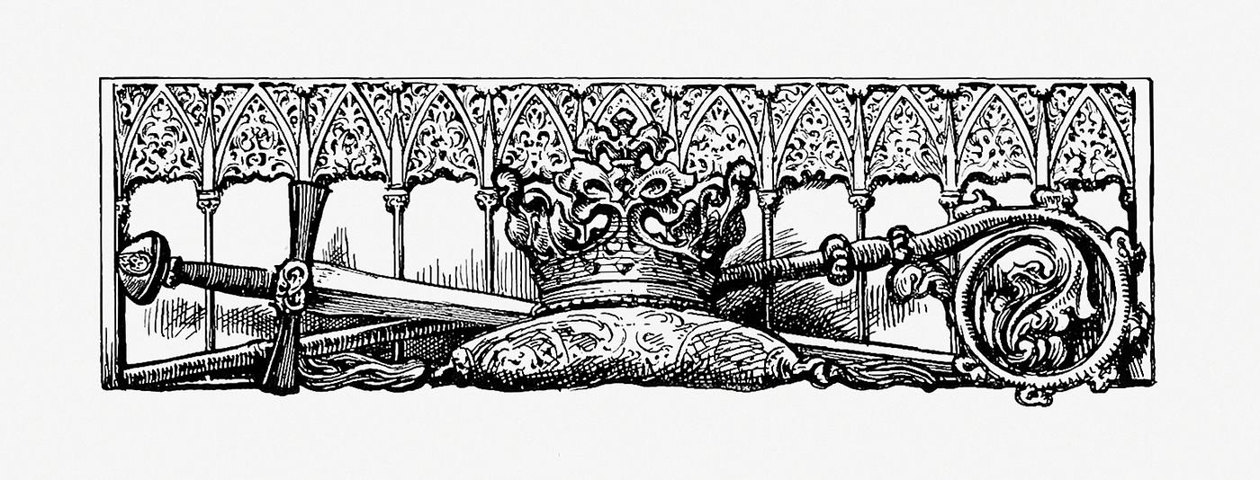 Royal crown, sword and a cane from The History of the Kingdom of Denmark by J. Steenstrup, Kr. Erslev, A. Heise, V. Mollerup... Royal crown, sword and a cane from The History of the Kingdom of Denmark by J. Steenstrup, Kr. Erslev, A. Heise, V. Mollerup...