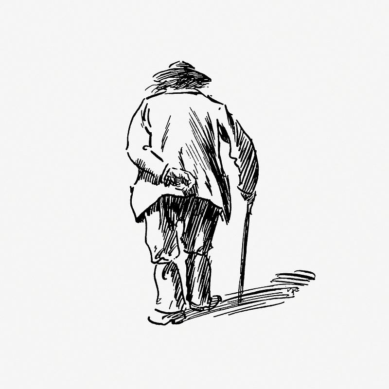 Old man walking with a cane Old man's rear view from The Z.Z.G or Zig Zag Guide Round And About The Bold And Beautiful Kentish Coast... Illustrated by…