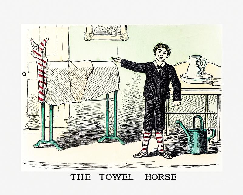 Child playing at home The towel horse from Un-Natural History Not Taught In Bored Schools, etc published by Simpkin, Marshall & Co. (1883).…