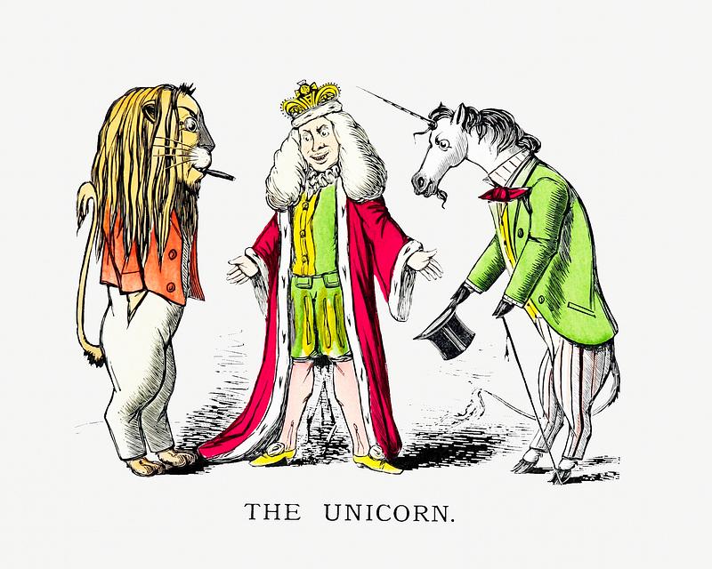 King and personified lion and unicorn The unicorn from Un-Natural History Not Taught In Bored Schools, etc published by Simpkin, Marshall & Co. (1883). Original…