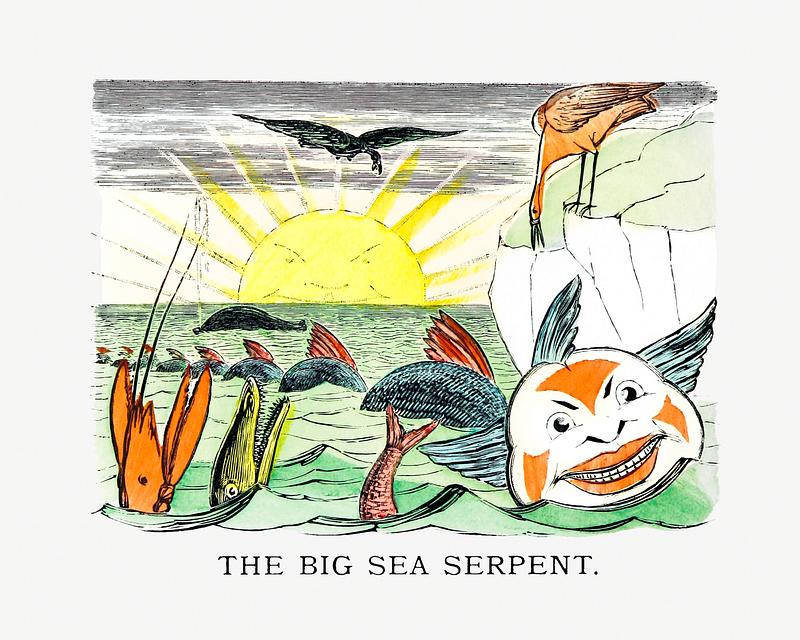 Strange aquatic creature vintage artwork The big sea serpent from Un-Natural History Not Taught In Bored Schools, etc published by Simpkin, Marshall & Co. (1883).…