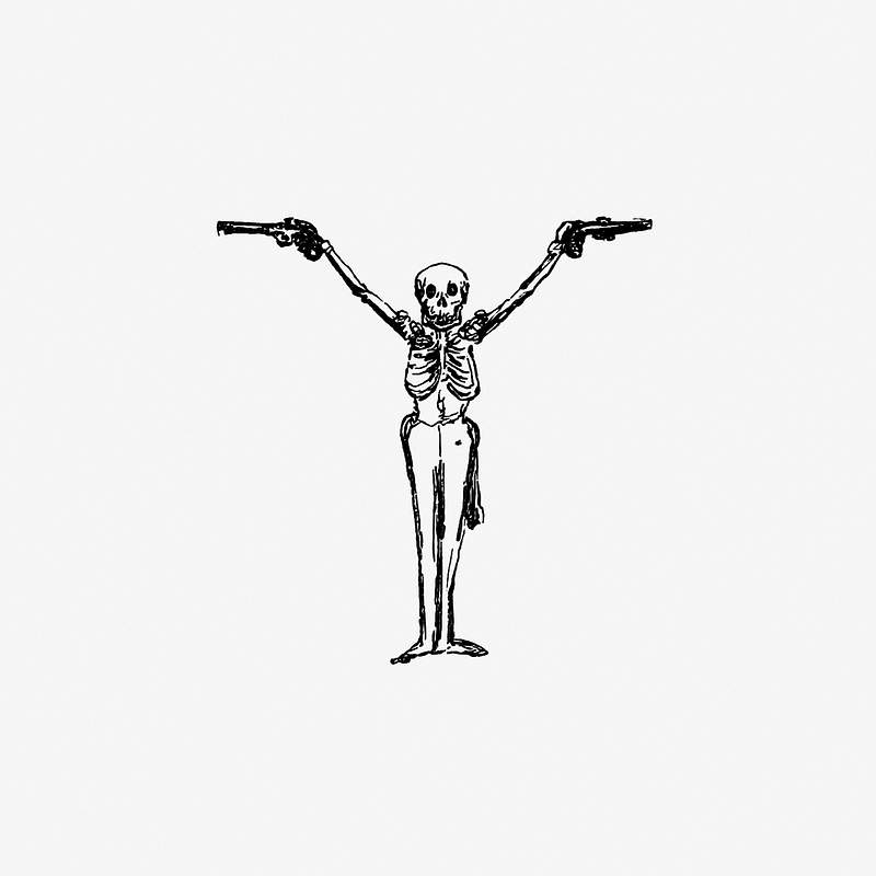 Skeleton with guns Duelling-pistols for the hero of Waterloo from the book The Oxford Thackeray by William Makepeace Thackeray (1862). Original…