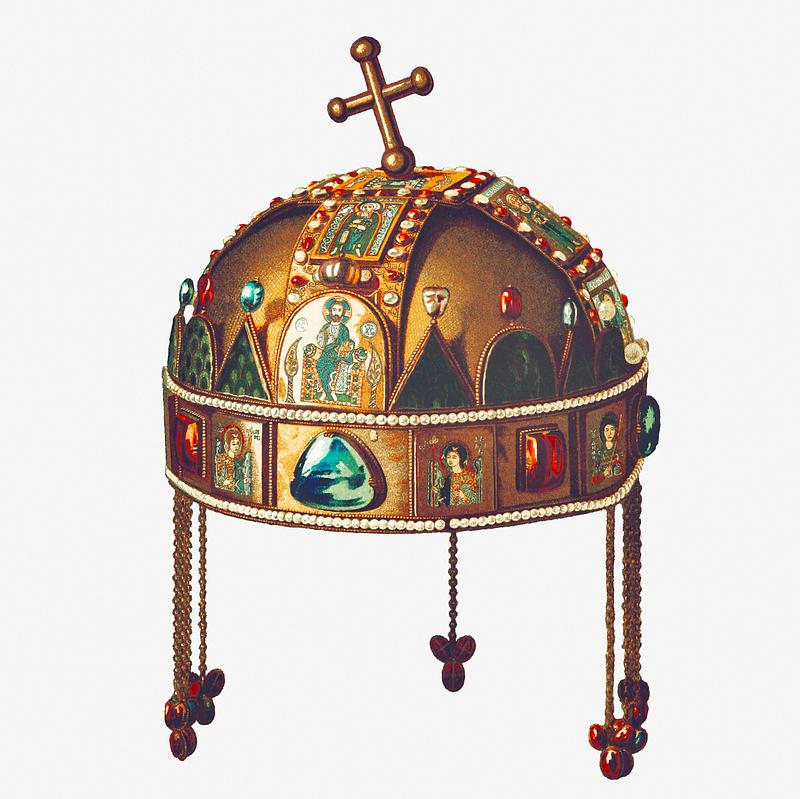 Antique royal crown Hungarian holy crown from The Torten Of The Hungarian Nation. Edited by Szilágyi S. (1895). Original from the British…