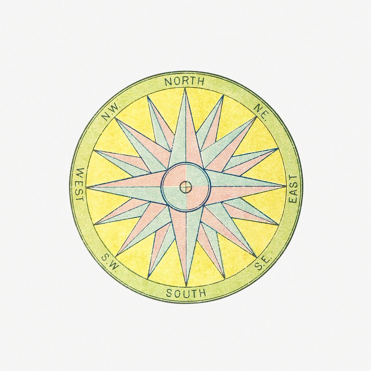 Sea compass vintage drawing | Free public domain illustration Mariner's compass from Coloured Handbook To Kindergarten Geography, Etc published by Sisson & Parkers (1897). Original from…