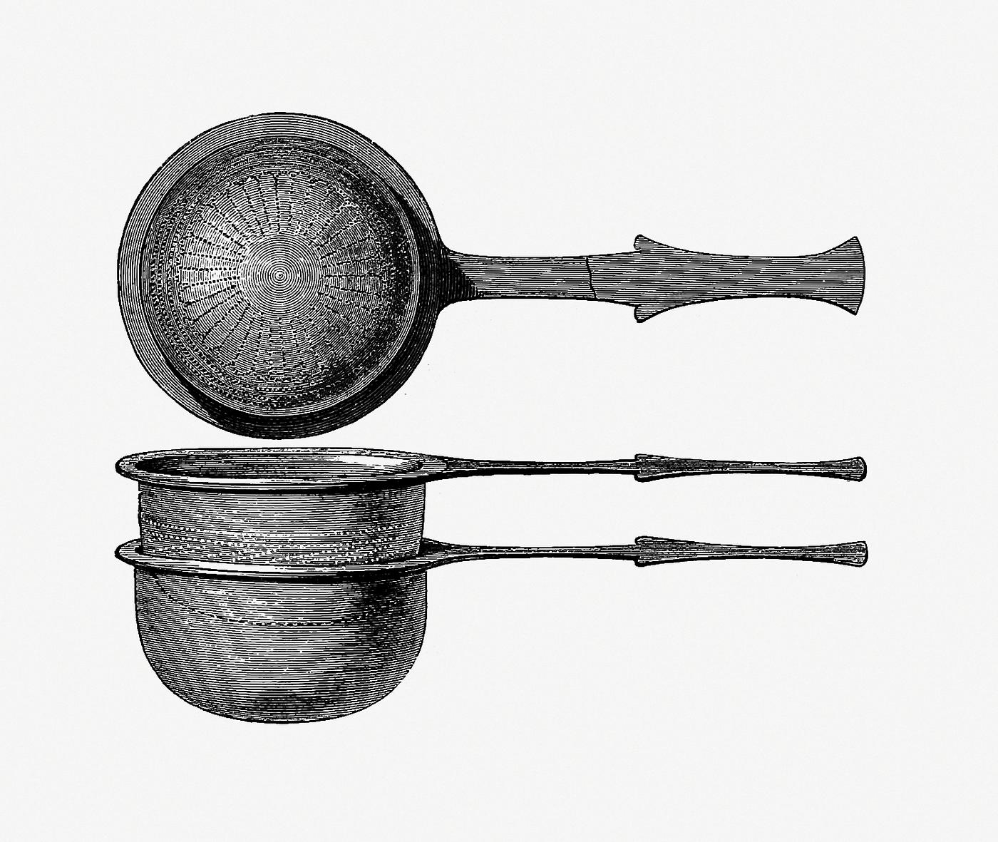 Sieve vintage drawing Scoop with bronze sieve. Roman work skane from Swedish History From The Oldest Time To Our Days (1877). Original from the...
