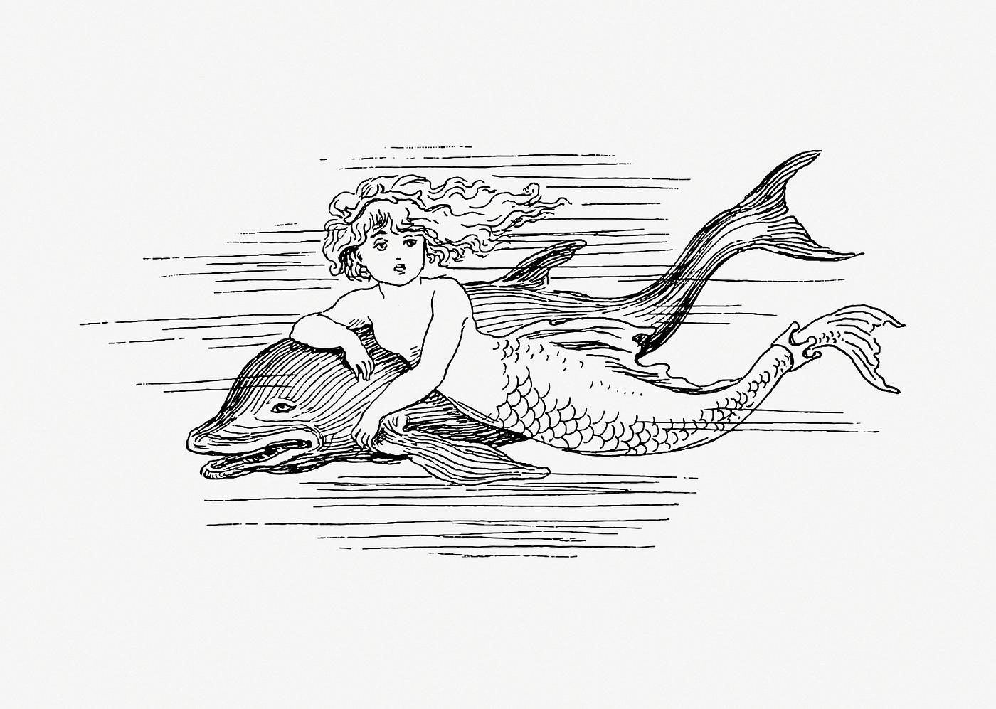 Mermaid and a dolphin https://www.rawpixel.com/search/Laura%20Troubridge?sort=curated&page=1Mermaid from The Story Of The Mermaiden, Adapted...