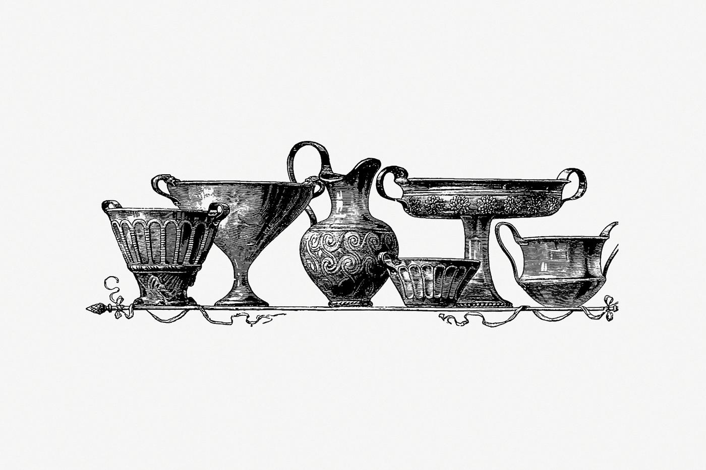 Classic dishes vintage drawing Traditional potteries from Nimrod In The North, Or Hunting And Fishing Adventures In The Artic Regions published by Cassell...