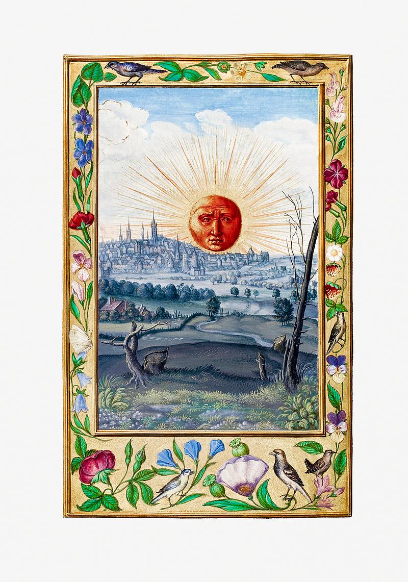 Medieval sun with face artwork Sun with human face rising produced in Germany (1582). Original from the British Library. Digitally enhanced by rawpixel.