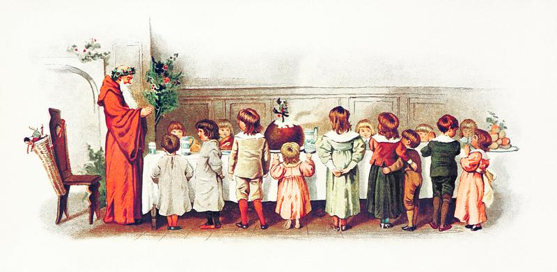 Christmas supper Santa Claus with children illustration from The Coming of Father Christmas (1894) by Eliza F. Manning. Original from the…