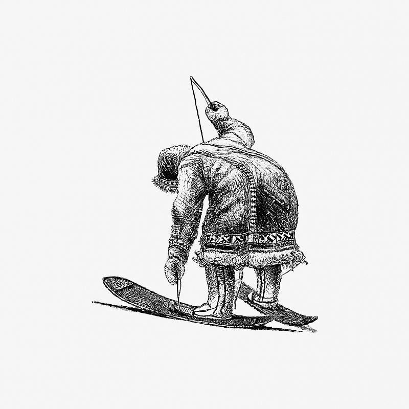 Eskimo skiing Winter man skiing illustration