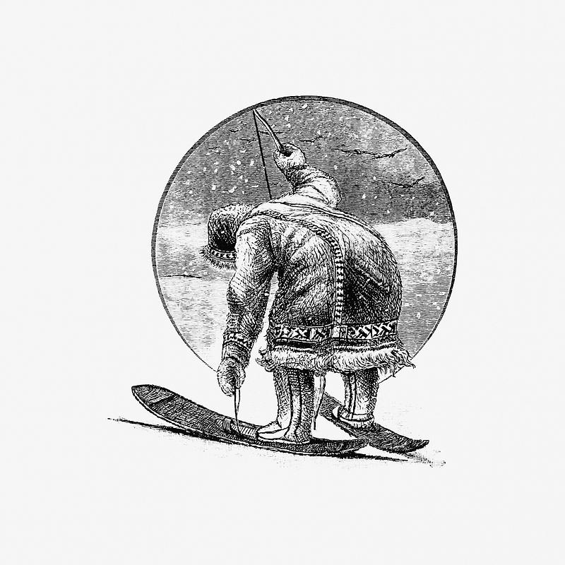 Eskimo skiing Winter man skiing illustration
