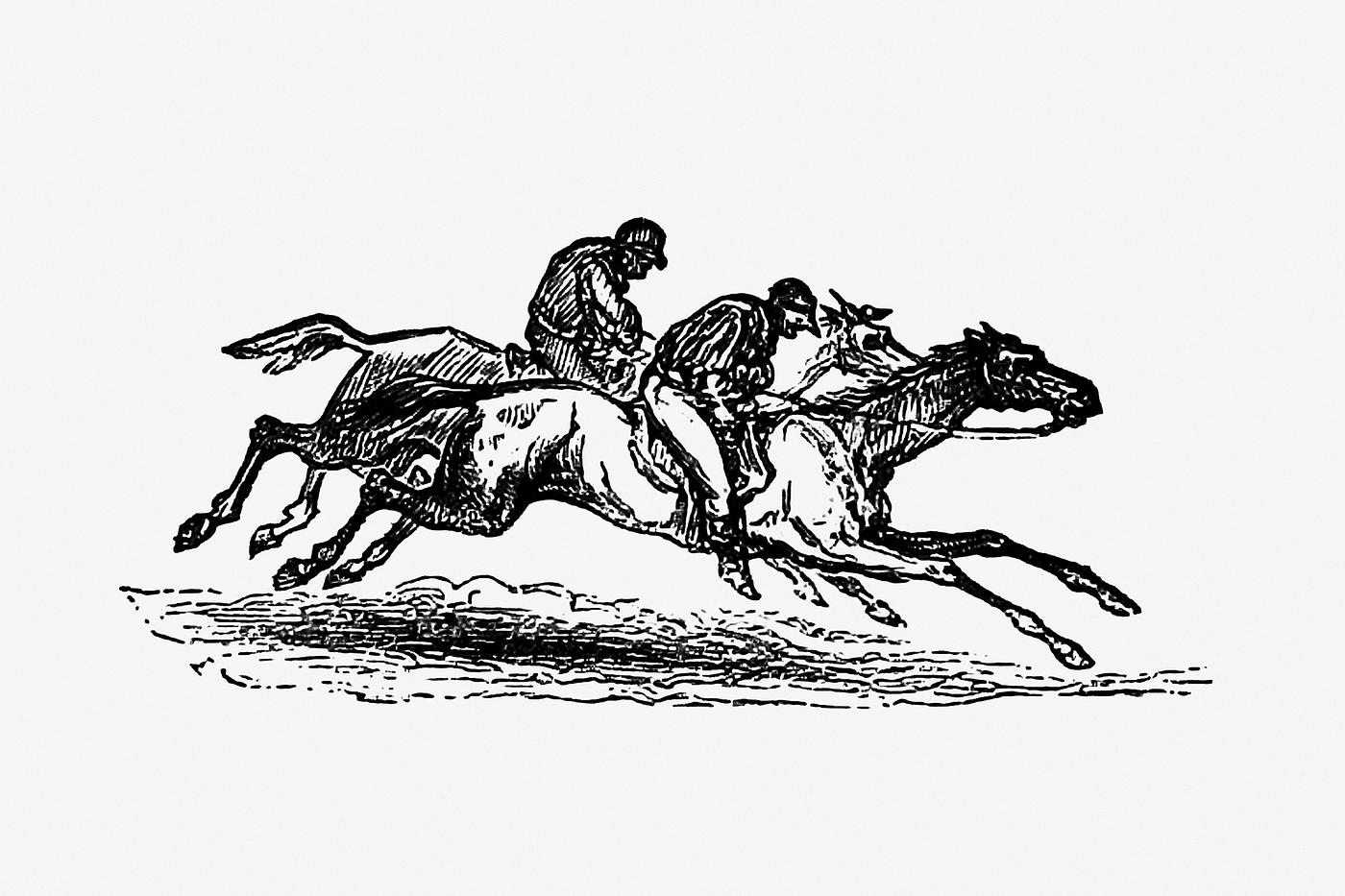 Vintage European style horseback riding race engraving by Charles Simon Pascal Soullier (1861). Original from the British... Vintage European style horseback riding race engraving by Charles Simon Pascal Soullier (1861). Original from the British...