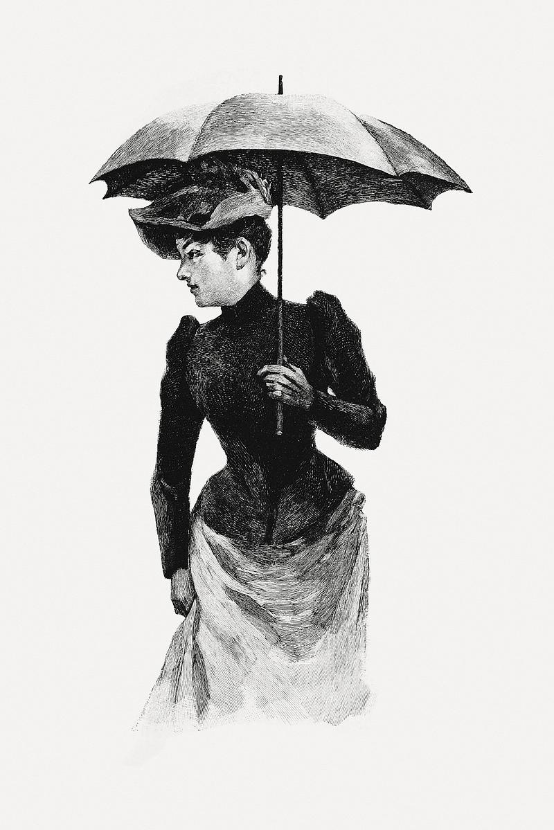 Vintage European women illustration Woman wearing a vintage European style attire with an umbrella from Verdens Storbyer by Peter Nansen (1894). Original from…