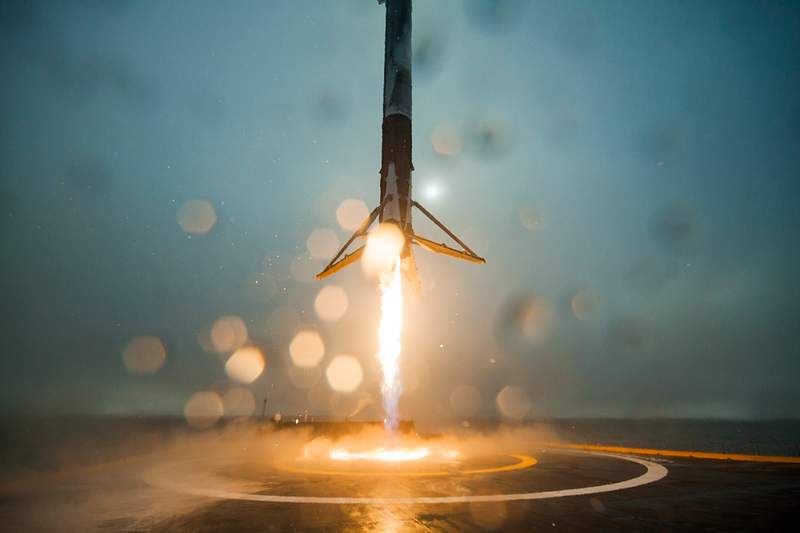 First stage of Falcon 9 rocket (2016). Original from Official SpaceX Photos. Digitally enhanced by rawpixel.
