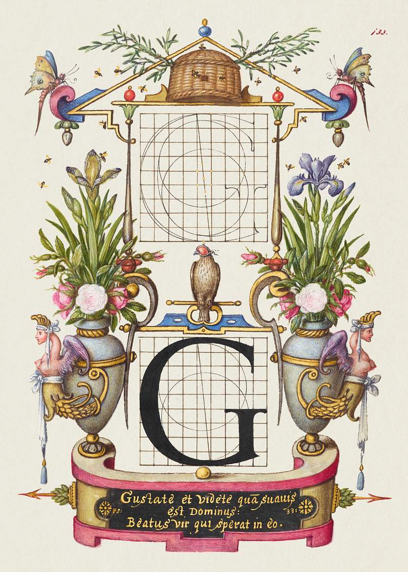 Guide for Constructing the Letter G from Mira Calligraphiae Monumenta or The Model Book of Calligraphy (1561–1596) by…