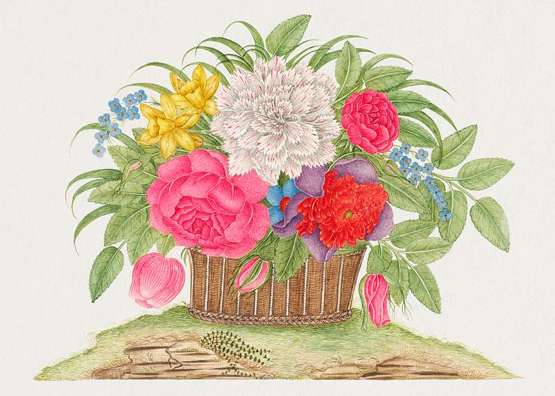 The 18th century illustration of a basket of blooming flowers. Original from The Smithsonian. Digitally enhanced by rawpixel.