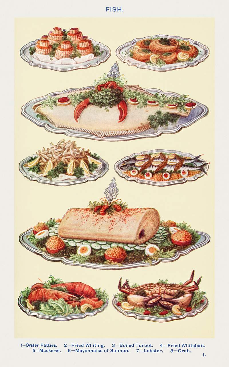 Fish III: Oyster Patties, Boiled Turbot, Fried Whitebait, Mackerel, Mayonnaise of Salmon, Lobster, and Crab from Mrs.…