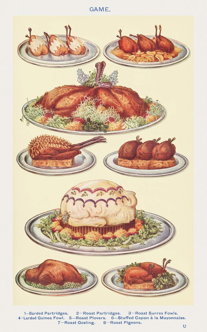 Game: Barded Partridges, Roast Partridges, Surrey Fowls, Roast Plovers, Stuffed Capon à la Mayonnaise, Roast Gosling…