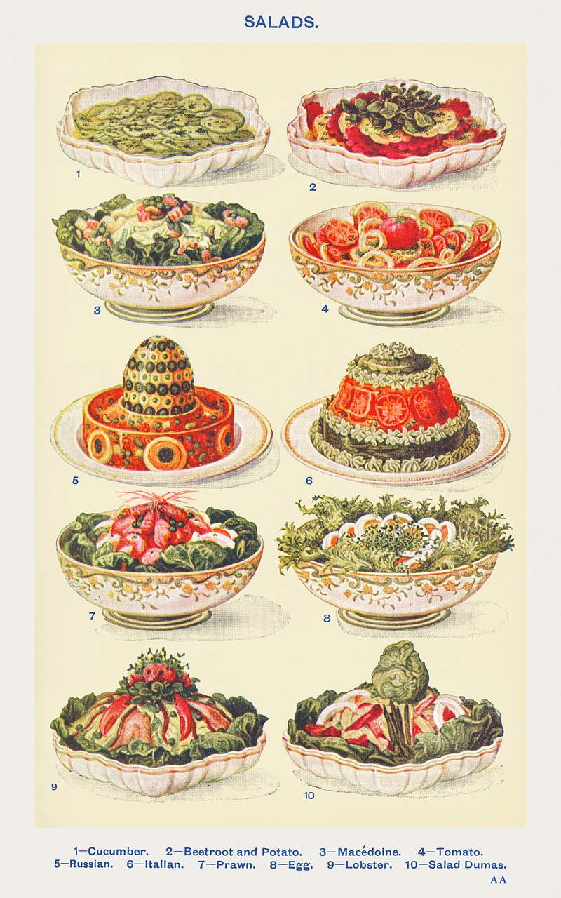 Salad: Cucumber, Beetroot and tomato, Macédoine, Tomato, Russian, Italian, Prawn, Egg, Lobster, and Salad Dumas from…