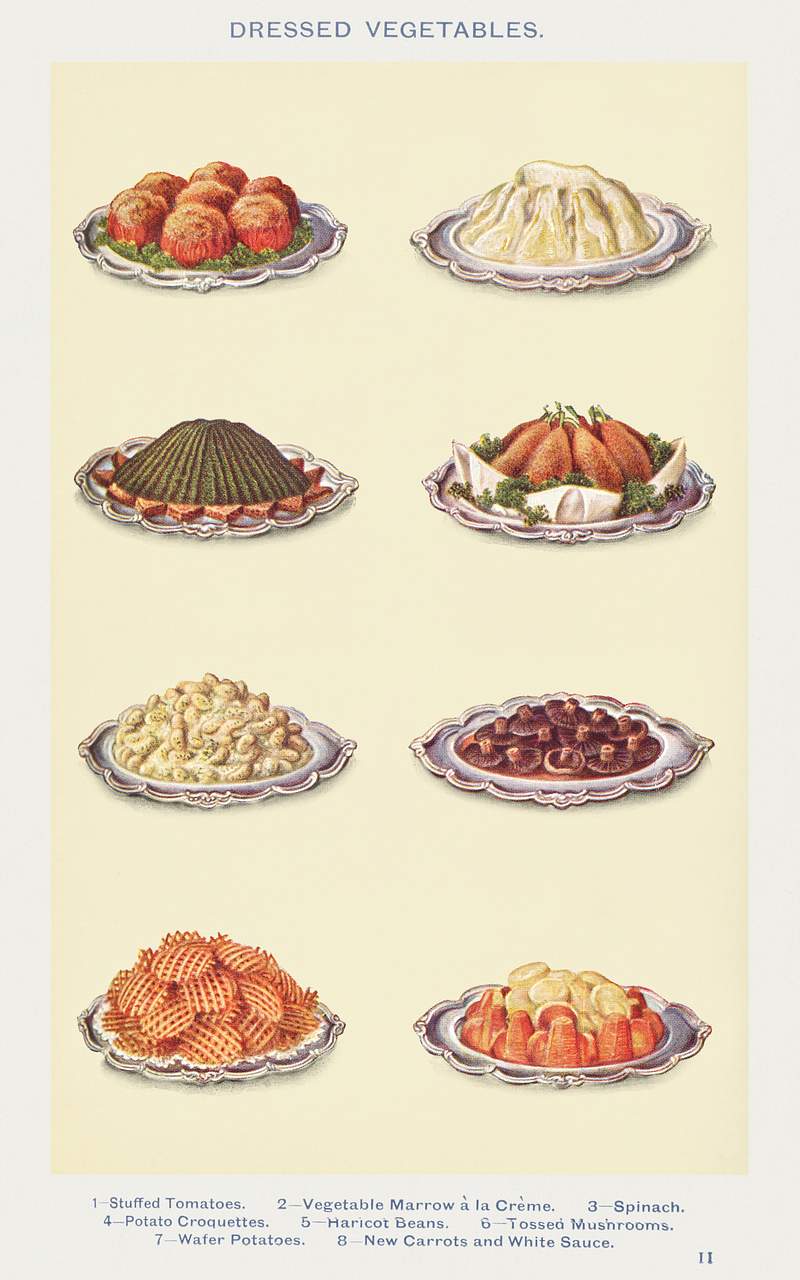 Vegetables II: Stuffed Tomatoes, Vegetable,… | Free public domain illustration Vegetables II: Stuffed Tomatoes, Vegetable, Marrow à la Creme, Spinach, Potato Croquettes, Haricot Beans, Tossed…