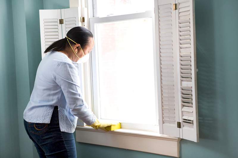 Woman using a damp sponge to clean dust collected on a window sill. Original image sourced from US Government department:…