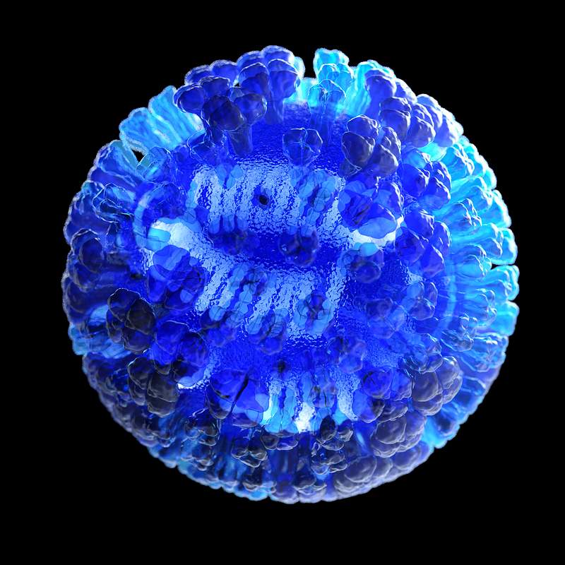 Influenza virus illustration in semi–transparent blue. A healthcare provider donning a pair of green latex gloves in…