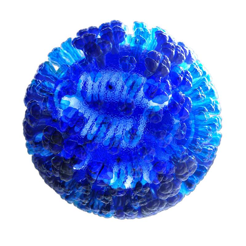 Influenza virus illustration in semi–transparent blue. Original image sourced from US Government department: Public…