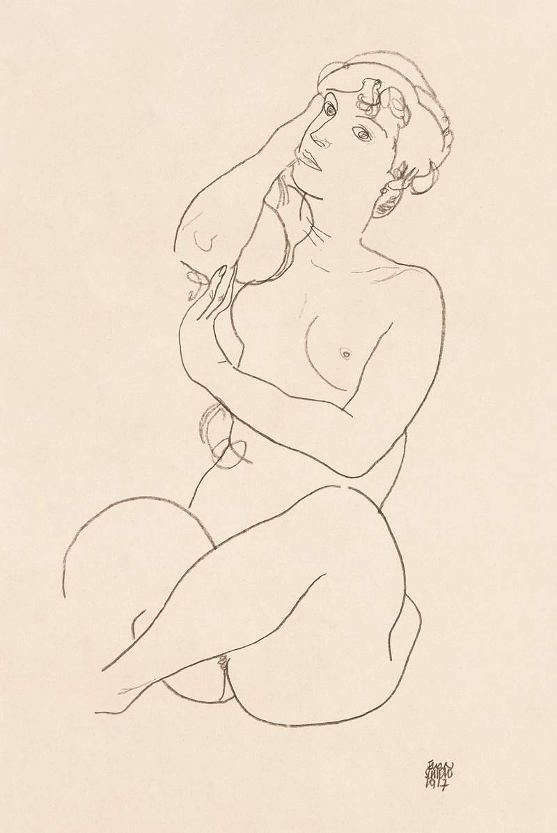 Naked lady. Nude (1917) by Egon Schiele. Original female line art drawing from The MET museum. Digitally enhanced by…