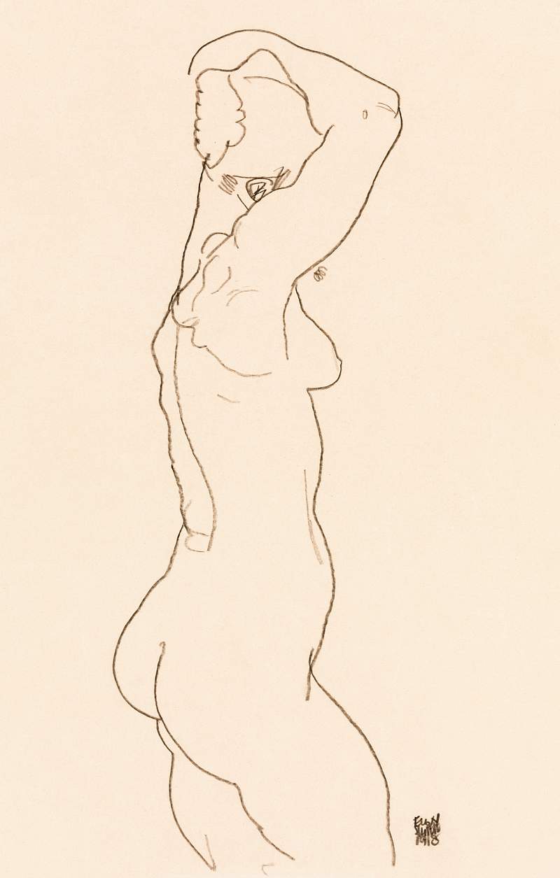 Naked woman backview. Standing Nude, Facing Right (1918) by Egon Schiele. Original female line art drawing from The MET…