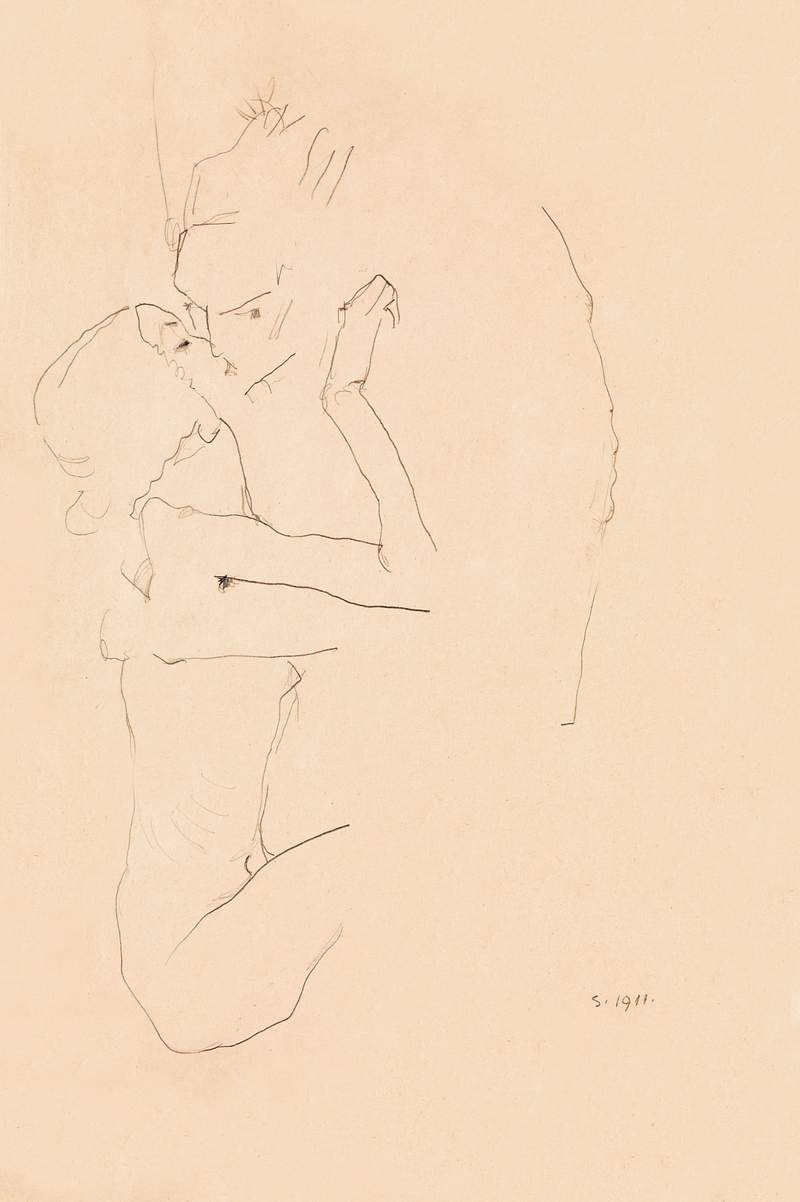 The Kiss (1911) by Egon Schiele. Original female line art drawing from The MET museum. Digitally enhanced by rawpixel.